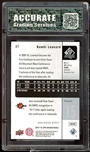 Kawhi Leonard Rookie Card 2011-12 SP автентичен #27 AGS 10 Gem MT