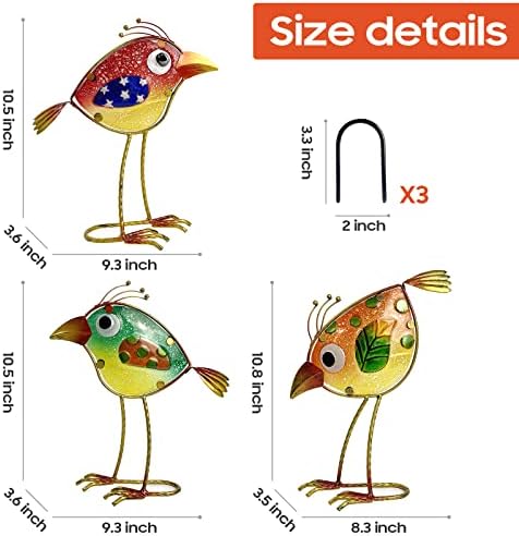 Декор за градинарски легифо за надвор, смешен метал и стаклен декор за птици за затворен и отворен сет од 3, дворни уметнички декор, декорации