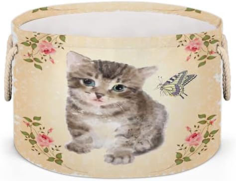 Симпатична мачка пеперутка цвет, големи тркалезни корпи за корпи за перење алишта со рачки за корпи за складирање на ќебе за полици