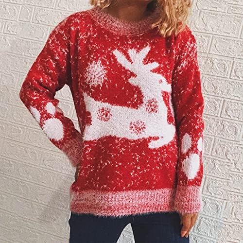 Божиќен џемпер за жени со долги ракави Обични удобни џемпери за печатење дами слатки смешни екипи на екипажот врвови