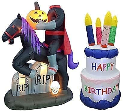 Пакет за украси на две Ноќта на вештерките и роденденските забави, вклучува 6,5 нозе високи надуени коњаник без глава со надгробен