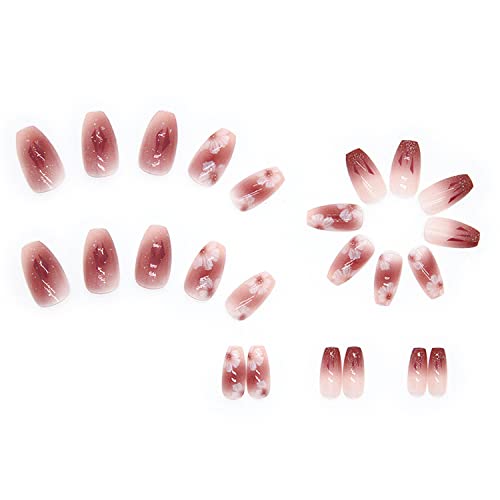 Цвеќиња вештачки лажни нокти, средна должина на ноктите, 24 парчиња еднократно покритие лажни комплети за нокти за жени, дизајн на цветни