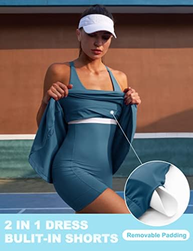 Iuga женски тениски фустан изграден во шорцеви и градник прилагодливи ленти вежбање вежбање фустан со џебови голф атлетски фустани