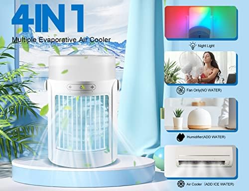 Преносен вентилатор за климатизација 4-во-1 испарувачки ладилник за воздух 600ml воден кутија 7 бои светло и ладење на лична работна
