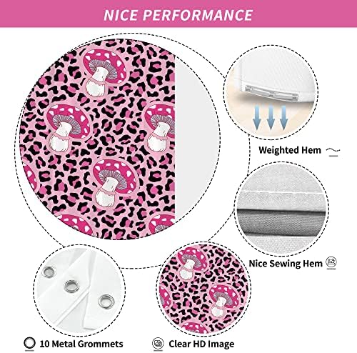 Visioun розова леопард печурки гепард жена симпатична завеса за туширање за бања 60W*72h инчи девојче трендовски современ декор на када, фанки модерна естетска водоотпор