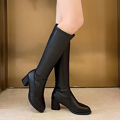 Чизми за жени женски чевли мода кожа задниот патент цврста боја средна потпетица бујна потпетица средни чизми женски без потпетици