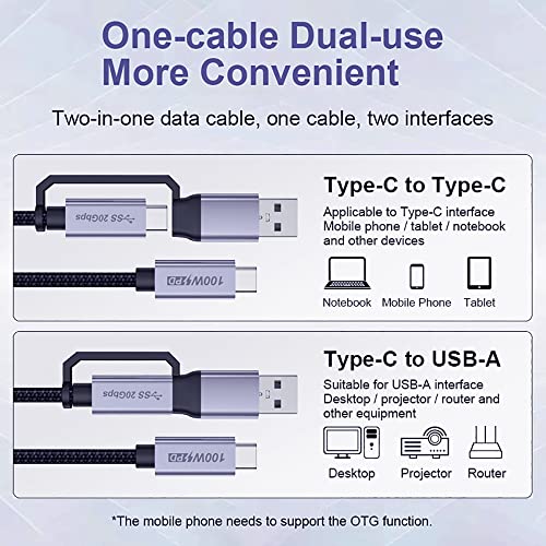 Aftertop 2 во 1 USB C кабел, 6,6ft E-Mark 5A 100W 20Gbps USB3.2 Gen2 најлонски плетенка тип-C Брза кабел за податоци за пополнување