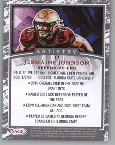 2022 Sage Artistry Canvas #17 Jermaine Johnson Florida State Seminoles RC RC Rookie Football Trading Card