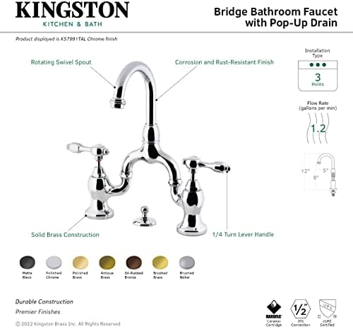Кингстон месинг KS7990tal Tudor Bridge Bales Faucet со месинг pop-up, мат црно