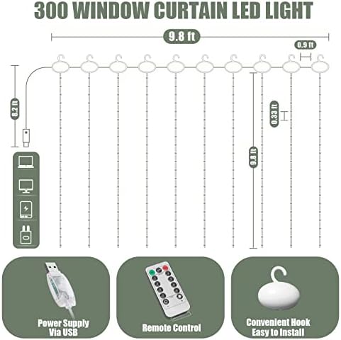 300 LED светла за завеси за прозорецот, светла за низа на бајки со 8 режими, USB напојувачки висечки светла со далечински управувач