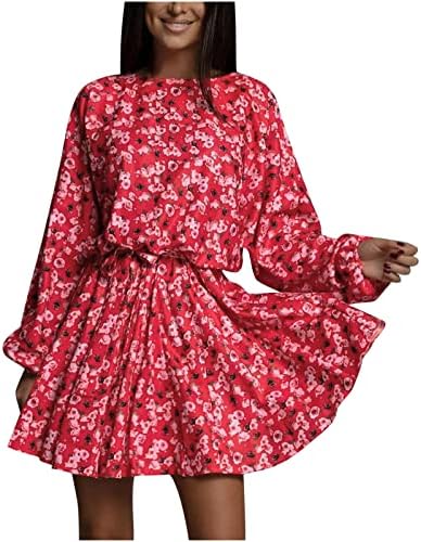 Женски 2023 есен летен фустан моден цветен принт, руфле со вратот, долги ракави, цветни половини, мини здолништа фустани