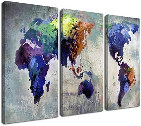 Ардеми платно светска мапа wallидна уметност акварел мапа на светот апстрактна разнобојна гроздобер слики, слики, големи 3 панели уметнички дела врамени подготвени ?
