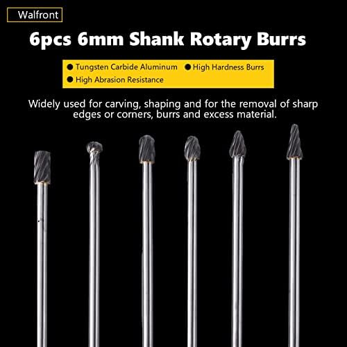 6pcs 6mm Shank Tunften Carbide Rotary Files Burr Постави точка Burrs Die Glinder Aluminum 10 mm глава