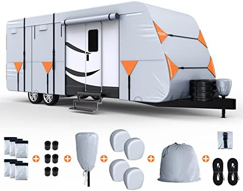 Funomo Travel Trailer RV Cover, 2022 Нова анти-солска сребрена покривка на ткаенината Оксфорд, одговара на 27'-30 'RV тешки анти-UV водоотпорни капаци на кампер, со покривка на јазици, до