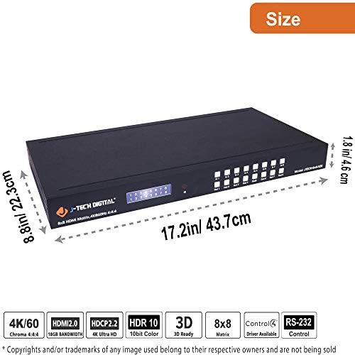 J-Tech Digital 8x8 HDMI Matrix Switch Switcher HDMI 2.0 HDR 4K@60Hz YUV 4: 4: 4, HDCP 2.2/1.4, 18Gbps, EDID, IP/Ethernet Control, Control4 Driver [JTech-8x8-H20]