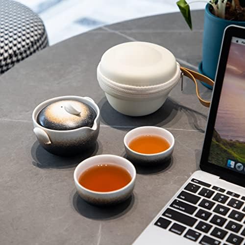 Хеер кинески чај Гаиван сет за лабав чај од лисја, керамички преносни патувања кунгфу чајник со 2 чамци за возрасни, додатоци за чај од јапонски стил за loversубители н?
