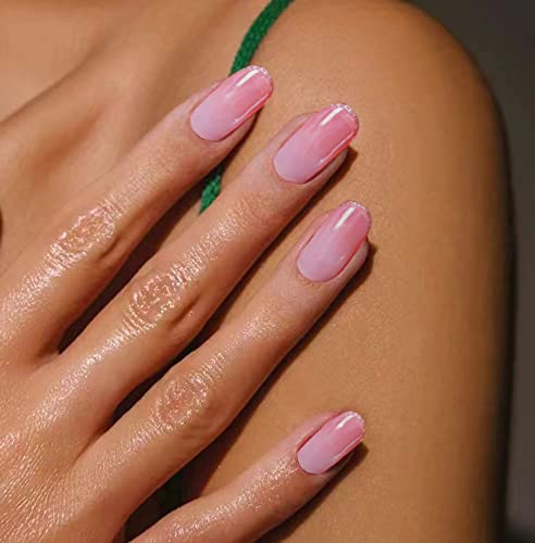24 парчиња голи розов печат на сет на нокти, сјајни средни кратки плоштади лажни нокти со подготвен комплет за жени и девојчиња