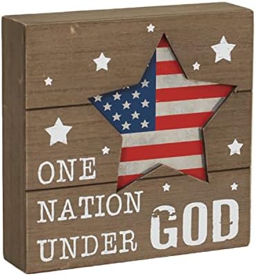 Еден празник начин 6 -инчен декоративен патриотски Еден нација под Божјиот Вуд Блок знак w/Американски дизајн на starвезди на