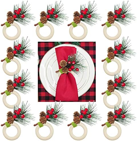 Haddiy Божиќни борови конуси прстени од салфетка од 12, игли од бери и бор со снег Xmax држачи за салфетки за зимски празници за трпезарии