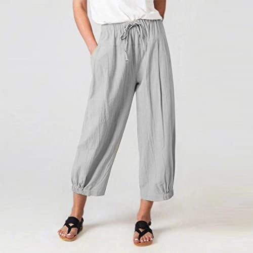 Женски летни обични девет панталони со сили-вклопуваат цврста боја еластична половината чипка на удобна памучна постелнина панталони со должина на глуждот