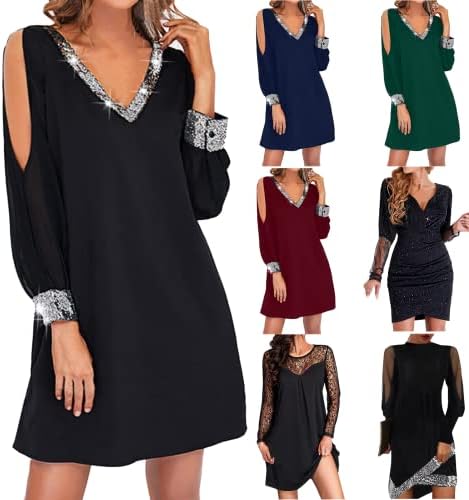 Црни фустани за жени забава, женска мрежа V-врат сјајна starвезда А-линија фустан со долг ракав лабава клупска забава фустани