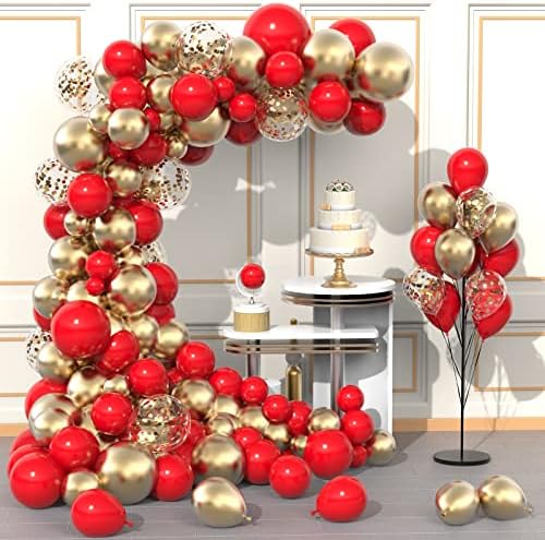 Црвени и златни балони, Kelfara 120PCS партиски лак за партии - Комплет за латекс со различни големини - роденден на златни црвени