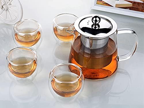 Стаклен чајник со облик на конус во форма на конус/инфузер од не'рѓосувачки челик + 4 чаши со двојни wallидови