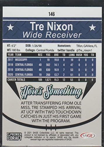 2021 Sage Hit Premier Draft Gold #146 Tre Nixon Pre-Rookie NCAA Football Trading Card во сурова состојба