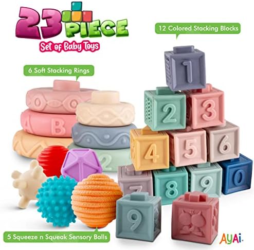 Ајаи Монтесори Бебешки Играчки За Бебиња 6+ Месеци-Редење Играчки За Бебиња-Меки Блокови За Мали Деца - Силиконски Играчки За