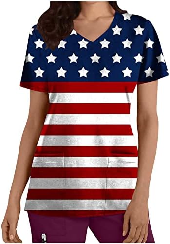 Денот на независноста на медицинската сестра униформа маица за жени Американски знамиња врвови на 4 -ти јули Туника Краток ракав V