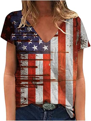 Дами длабоки v вратот на вратот на вратот, обични блузички кошули Краток ракав Американски шарен графички тенок туника Топ 2023 C2 C2
