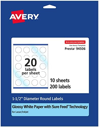 Ејвори тркалезни етикети со сигурна добиточна храна, дијаметар од 1,5 , 500 сјајни бели етикети