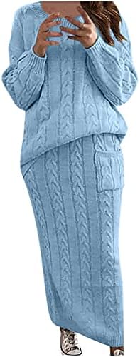 Плус џемпер со големина за женски зимски бучен кабел плетено долго здолниште 2 парчиња џемпер поставува топол обичен костум
