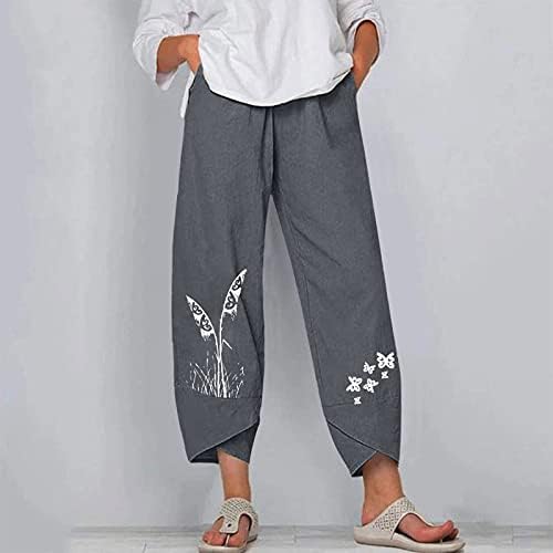 2023 памучни панталони за постелнина, лето високо половината широка нога палацо капри должина цветна печатена салон панталони за жени