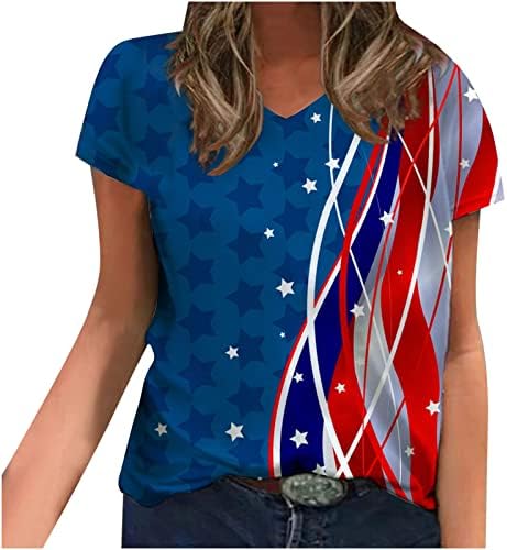 Lcepcy 4-ти јули кошули жени, ден на независност лето лето американско знаме печати врвови лабави кратки ракави за блузи со врат V-врат