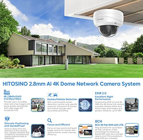 Систем за фотоапарати HiTosino 4K POE - 8PCS H.265+ 8MP POE Security IP мрежни камери со откривање на AI Human возила, 8MP/4K 8CH POE NVR со 2TB HDD за 24/7 снимање, откривање на движење, IK10, воден вода, вод