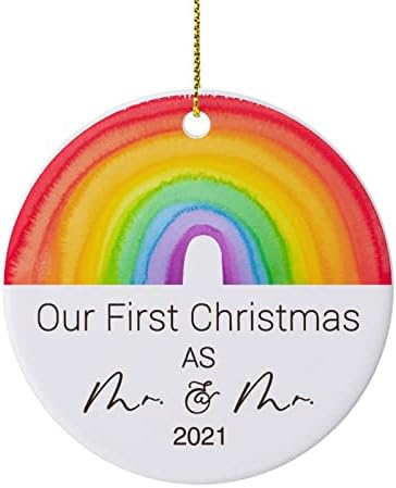 ЛГБТ украс на виножито, нашиот прв Божиќ како г -дин и г -дин чувар, подарок за геј гордост, новородена двојка во брак со свадба, 3 рамен керамички