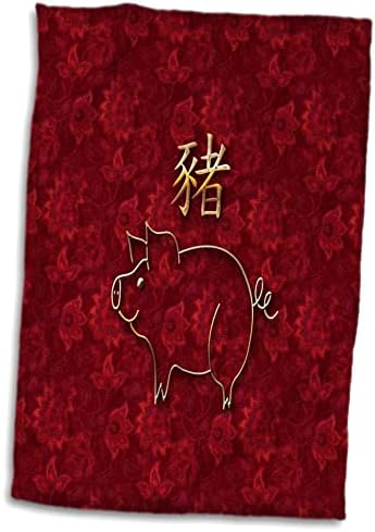 3drose златна свиња преглед и знак на свиња на богат црвен цветен дизајн - крпи