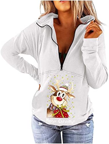 Longенски долги ракави лапел џемпер пуловер Божиќна половина по поштенски патенти нагоре стилски кошули врвни Божиќни печати лабави фит блузи