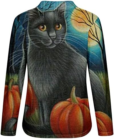 Женски кошули за Ноќта на вештерките со долги ракави кошули смешни мачки тикви графички пуловер трендовски патент против вратот блуза