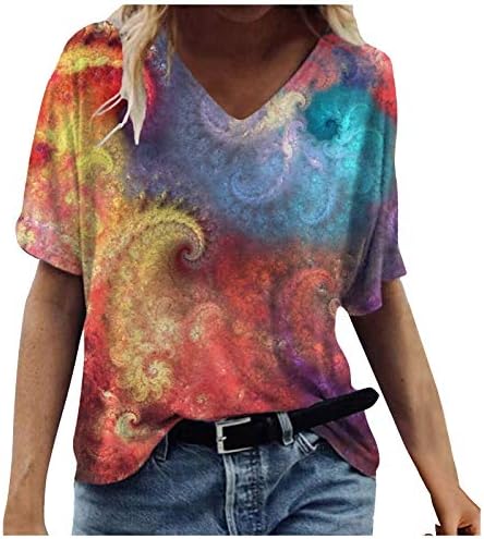Womenените врвови лабава маица лето печатено кратко ракав со маица со врата од врата, обични облечени блузи, врвови на жените облека