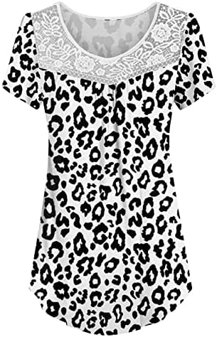 Леопард Печати Цвет Графички Блузи За Тинејџерка Лето Short Краток Ракав Екипажот Чипка Крпеница Врвови Жени Ф0