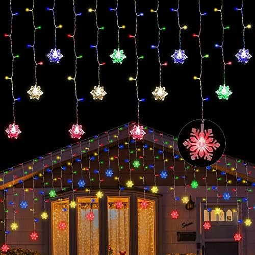 150 LED светла на ICICLE со снегулка, 8 режими на трепкање завеси светла, висечки самовили за Божиќни светла, декорација на свадбени венчавки