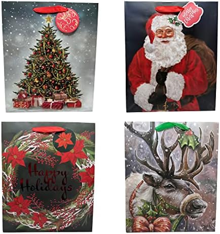 Rocky Mountain Goods Premium големи божиќни торби за подароци со ознаки за белешки за подароци - пакет од 4 со Дедо Мраз, ирваси,