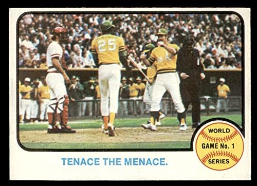 1973 Топпс # 203 1972 Светска серија - Игра # 1 - Затегнување на Manace Gene Tenace/George Hendrick/Johnони Bench Oakland/Cincinnati Athletics/Reds NM Athletics/Reds
