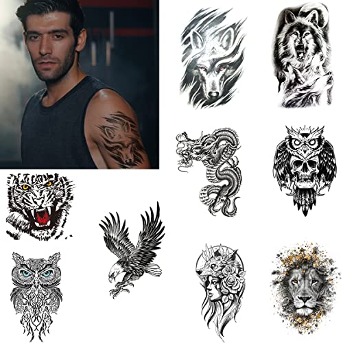 АНИВОТ Привремени Тетоважи Со Големи Ракави За Мажи 9 Чаршафи, Возрасни Лажни Налепници За Тетоважа На Нозете Орел Волк Змеј Лав