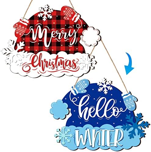 Здраво добредојде Зимски знак Зимски нараквици Снег дрво знак Божиќна врата виси рустикална плакета wallидни педименти за дома затворен