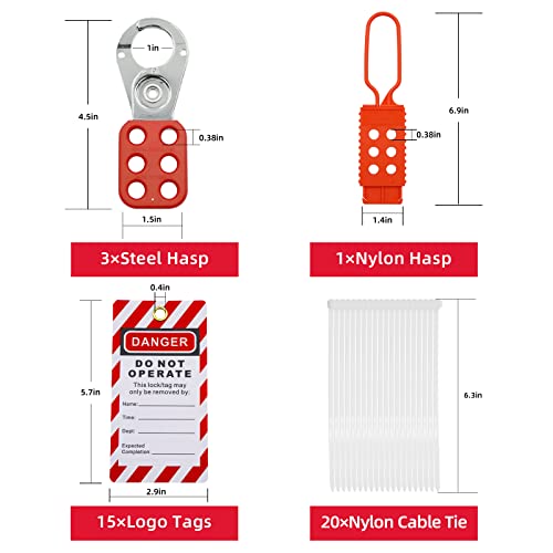 Комплет за обележување на Boviisky Lockout со црвени безбедносни катастрофи, сет на HASP, лото -ознаки, затегнување и универзални заклучувања