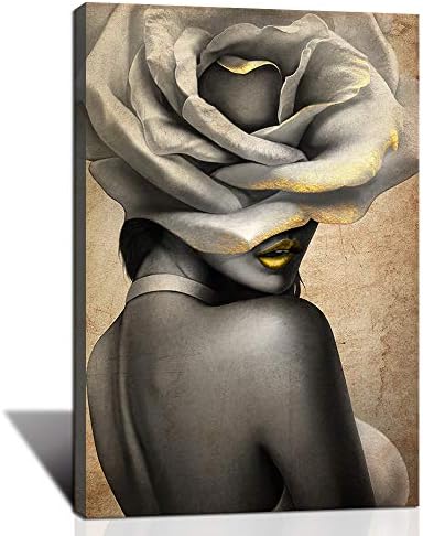 Klvos бела роза цветна платно wallидна уметност на црни жени глава гроздобер афроамериканец слика мода девојка уметност модерно декоративно