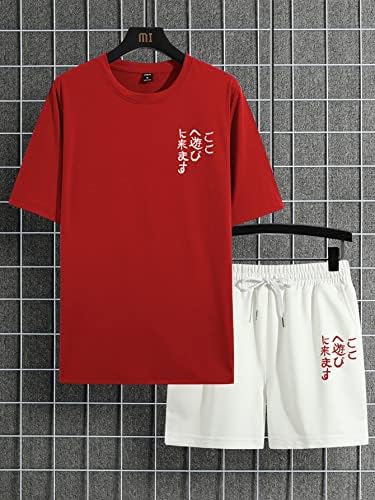 NIBHZ облека со две парчиња за мажи мажи јапонски букви графички капка рамената и шорцеви за половината за влечење